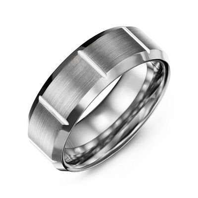 Mens Brushed Vertical Grooved Polished Tungsten Promise Ring