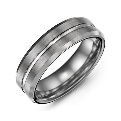 Mens Brushed Grooved Center Beveled Tungsten Promise Ring