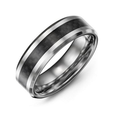 Mens Black carbon Fiber Inlay Polished Tungsten Promise Ring