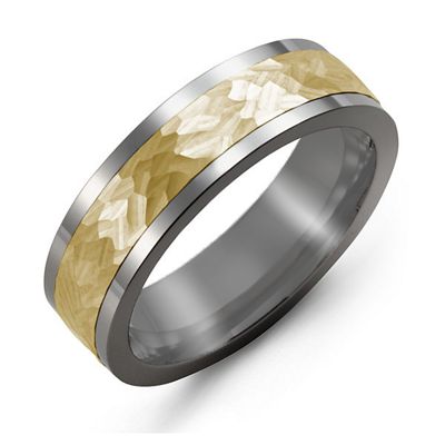 Mens Hammered White Gold Center Tungsten Band Mens Ring