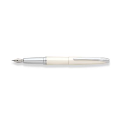 Pearlescent White Lacquer Fountain Pen with chrome plated appointments and stainless steel nib