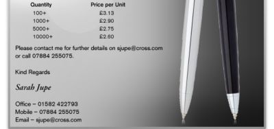 Please contact me for further details on sjupe@cross.com or call 07884 255075.

Kind Regards

Sarah Jupe

Office - 01582 422793 
Mobile - 07884 255075
Email - sjupe@cross.com 