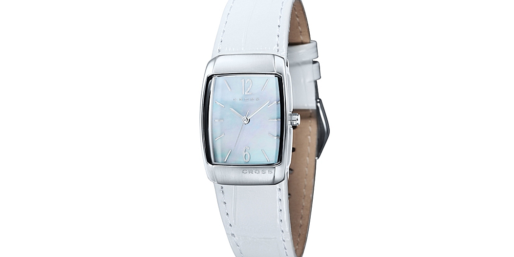 Women's Designer Watch With Mother of Pearl Dial and White Leather Strap