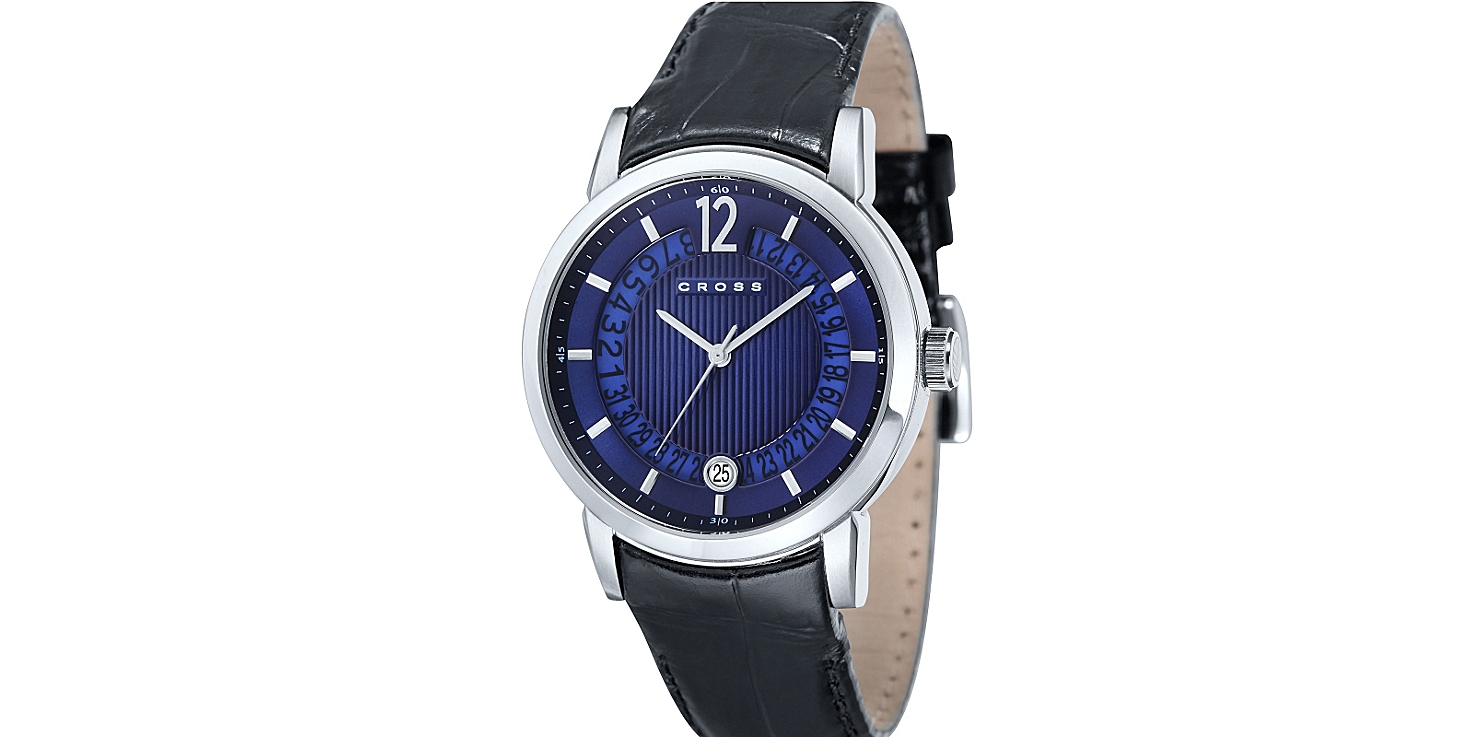 Men's Designer Watch with Round Pinstripped Black Dial