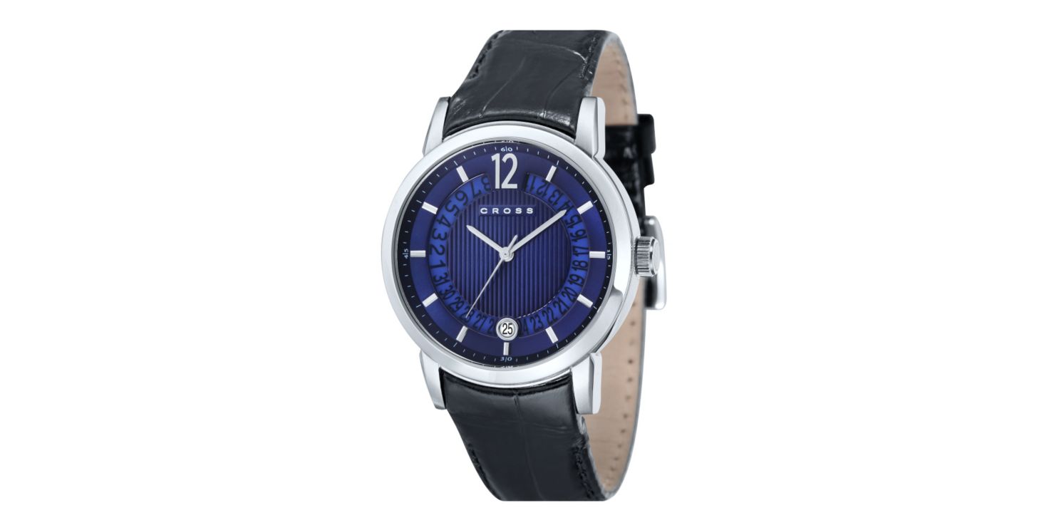 Men's Designer Watch with Round Pinstripped Black Dial