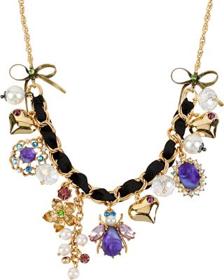 CARVED FLOWER BUG CHARM NECKLACE PURPLE