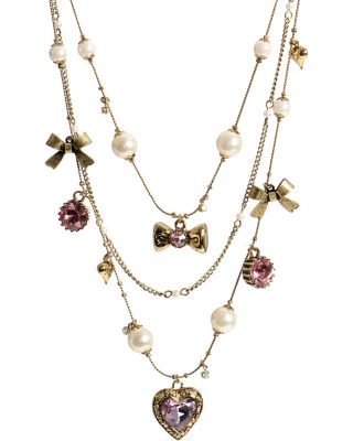 CRYSTAL HEART BOW NECKLACE PINK