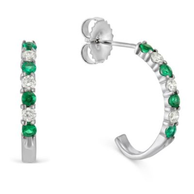 14K_White_Gold_Round_Emerald_and_Round_Diamond_J-Hoop_Earrings