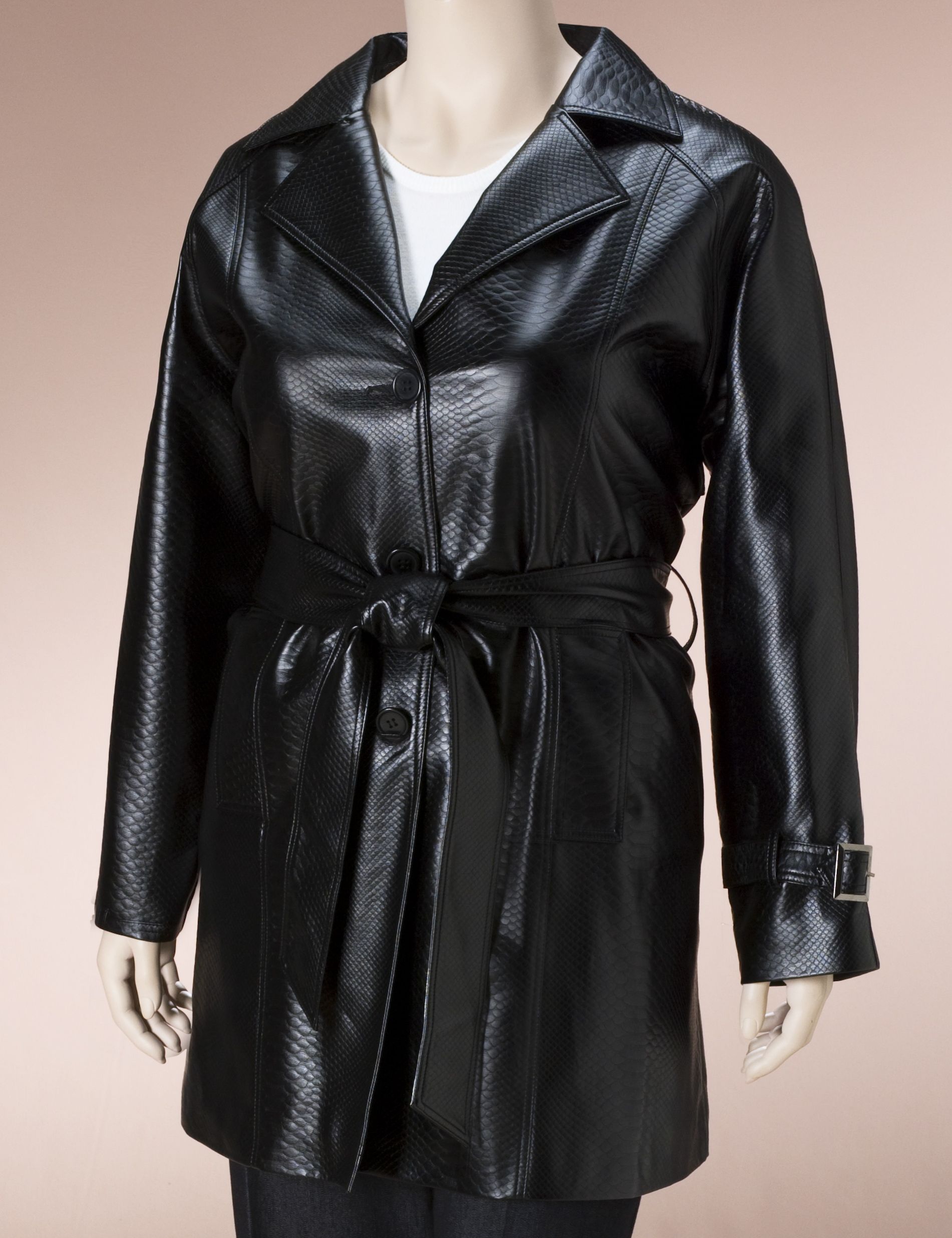 Snake print simulated leather trench jacket