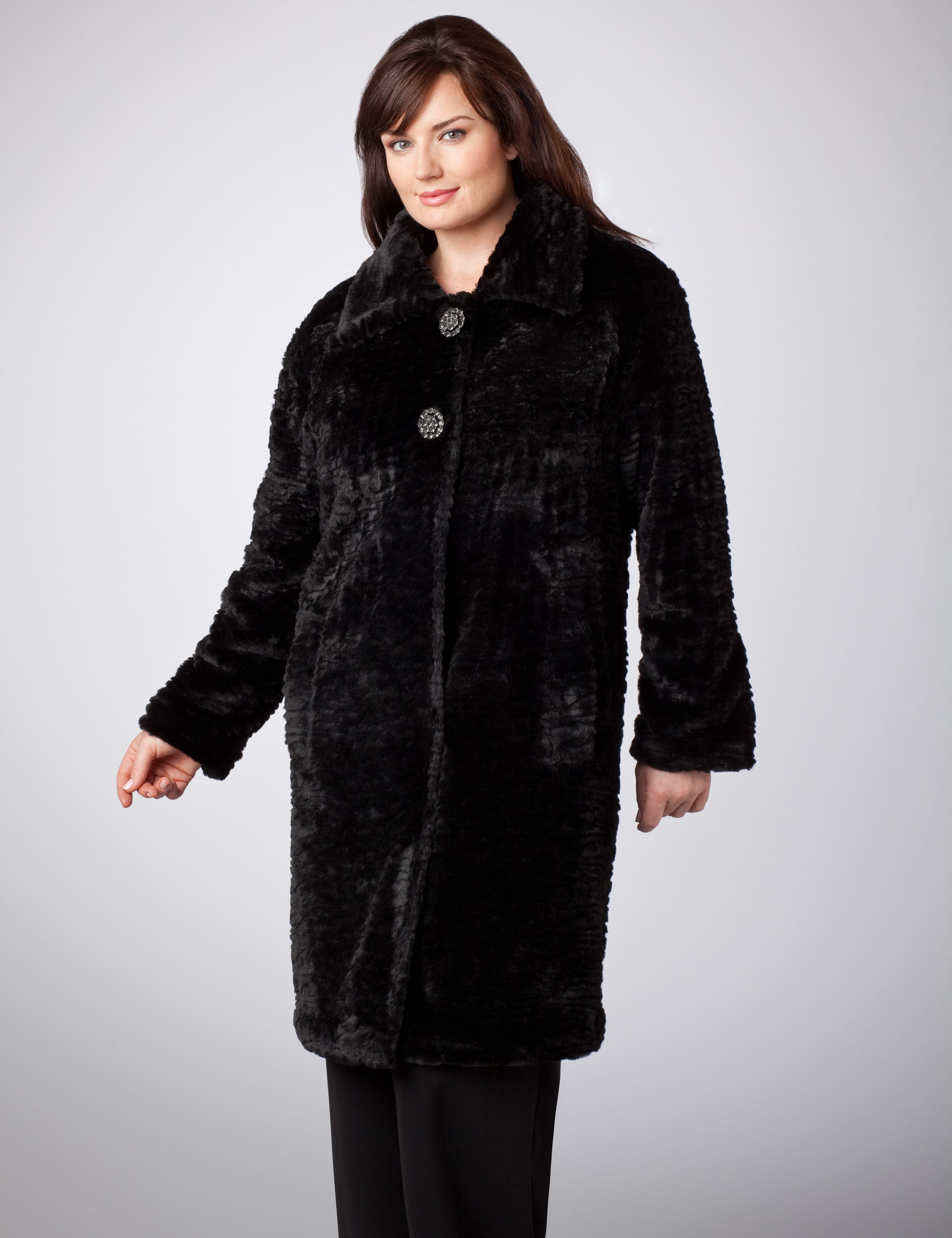 Jeweled Button Faux Fur Coat