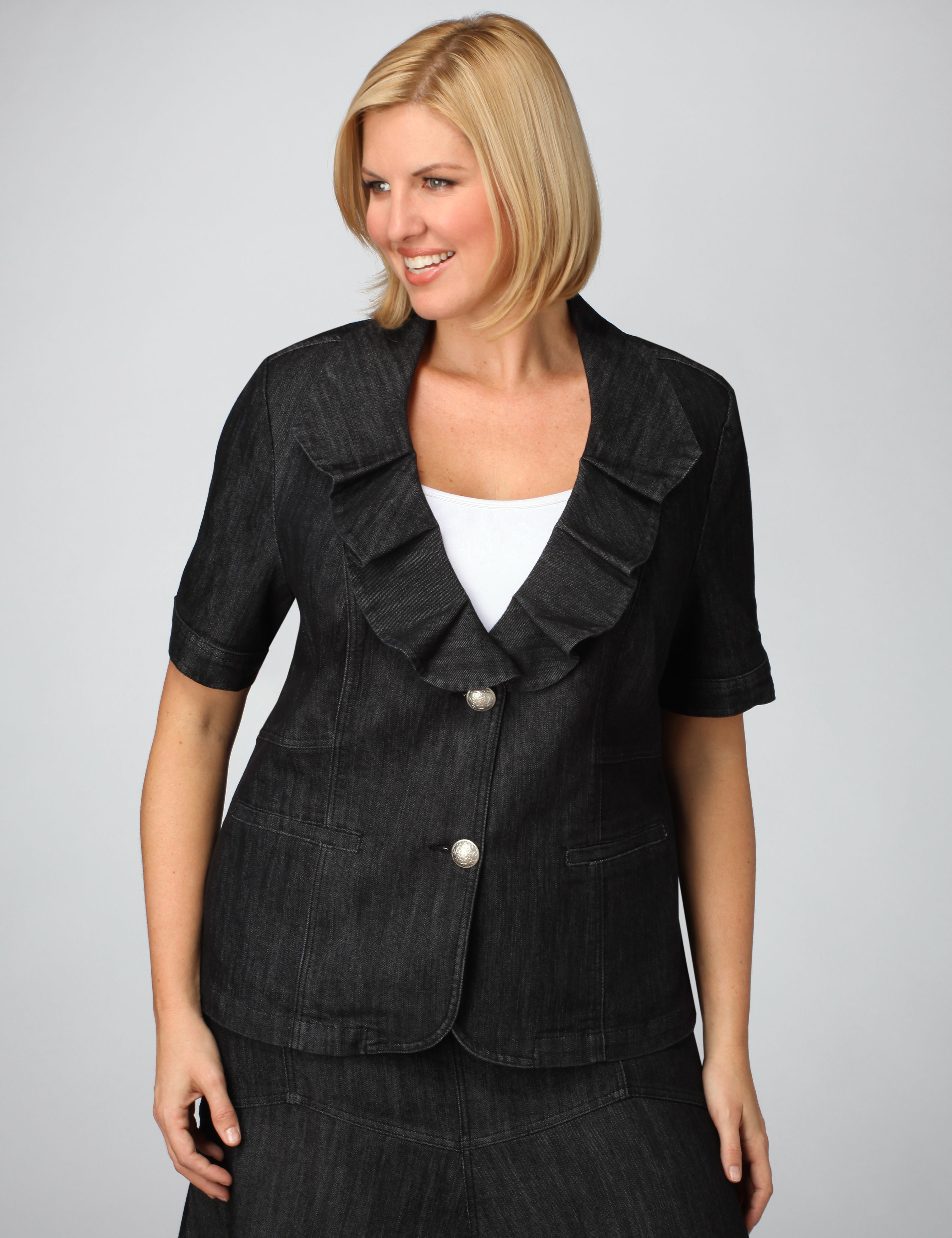 Catherines Ruffled Short Sleeve Denim Jacket
