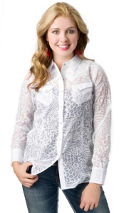 Angie Womens White Animal Burnout Long Sleeve Western Shirt