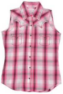 Panhandle Slim® Ladies Pink and Black Plaid Sleeveless Western Shirt