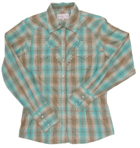 Panhandle Slim® Ladies Turquoise & Brown Plaid Country Breeze Long Sleeve Retro Shirt