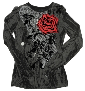 Rock & Roll Cowgirl® Ladies Black & Grey with Winged Rose Long Sleeve Distressed Tee
