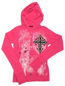 Rock & Roll Cowgirl® Ladies Pink with Cross Jersey Knit Long Sleeves Hooded Tee