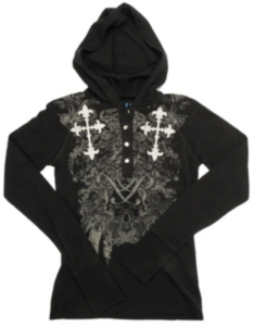 Rock & Roll Cowgirl® Ladies Black with Cross Jersey Knit Long Sleeves Hooded Tee