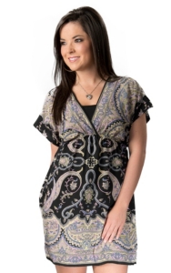 Angie Womens Black with Pink and Yellow Paisley V-Neck Short Sleeve Tunic Dress