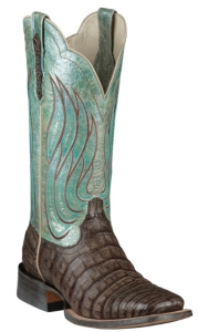 Ariat Nitro Womens Tobacco Caiman Belly w Metallic Teal Top Double Welt Square Toe Exotic Western Boots