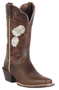 Ariat Rosebud Womens Distressed Brown w Rose Embroidered Upper Square Toe Western Boot