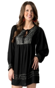 Angie Womens Black with Light Mint Embroidery Long Sleeves Peasant Dress