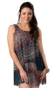 Angie Womens Blue with Red and Yellow Medallion Print Tie Back Sleeveless Tank Chiffon Dress