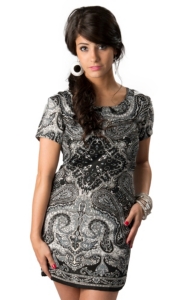 Angie Womens Black Gray and White Paisley Short Sleeve Shift Dress