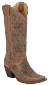 Corral® Ladies Tan Floral w/ Turquoise Inlay Western Boots