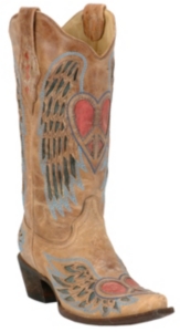 Corral� Ladies Distressed Tan w/ Winged Heart Red & Blue Inlay Snip Toe Western Boot