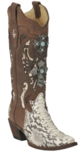 Corral® Ladies Brown / Natural Python Inlay w/ Cross Sniptoe Exotic Western Boot