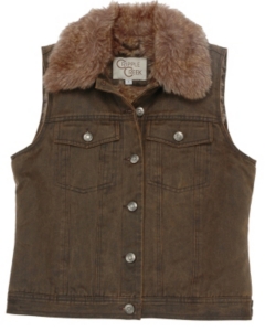 Cripple Creek® Ladies Dark Brown Distructed Vest with Faux Fur