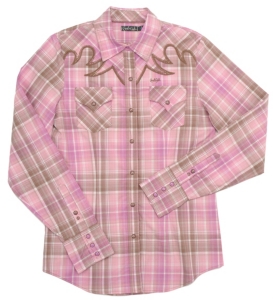 Cruel Girl® Ladies Pink and Brown Plaid Long Sleeve Arena Fit Western Shirt