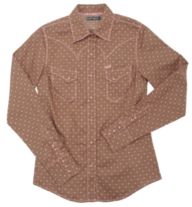 Cruel Girl® Ladies Brown with Pink Flower Dots Long Sleeve Arena Fit Western Shirt