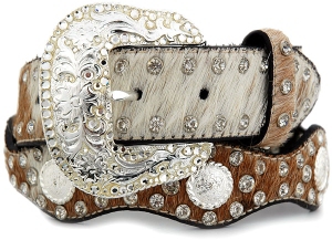 Nocona® Ladies Brown/White Hair Scallop Belt w/ Concho & Crystal