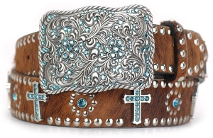 Nocona� Ladies Brown Hair Belt with Crosses and Silver Studs