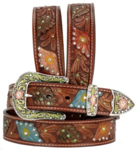 Nocona® Ladies Colored Floral Tooled Belt with Stones