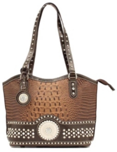Nocona® Ladies Brown Faux Gator with Round Concho and Silver Crystals Handbag