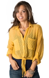 Angie Womens Mustard Yellow Swiss Dot Button Down 34 Sleeve Fashion Top