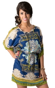Angie Womens Navy Green and Yellow 34 Sleeve Empire Waist Dress