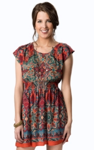 Angie Womens Red and Teal Paisley Smocked Waist Cutout Back Short Sleeve Dress