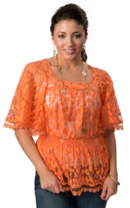 Angie Womens Orange Lace with Wide 34 Sleeves Fashion Top