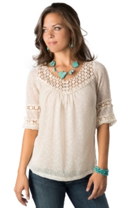 Angie Womens Ivory Swiss Dot and Lace 34 Sleeve Fashion Top