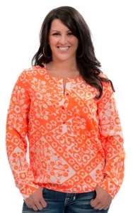 Angie Womens White with Neon Orange Flower Print Long Sleeve Fashion Top