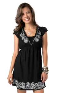 Angie Womens Black with White Embroidery V-Neck Short Sleeve Dress
