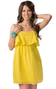 Angie Womens Yellow Eyelet with Ruffle Top Sleeveless Dress