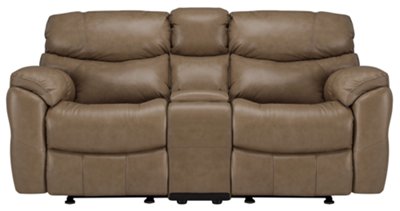 Dk Taupe Leather & Vinyl Reclining Console Loveseat