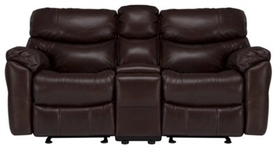 Dk Brown Leather & Vinyl Reclining Console Loveseat