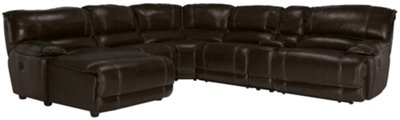 Dk Brown Leather & Vinyl Left Chaise Manually Reclining Sectional