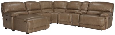 Dk Taupe Leather & Vinyl Left Chaise Power Reclining Sectional