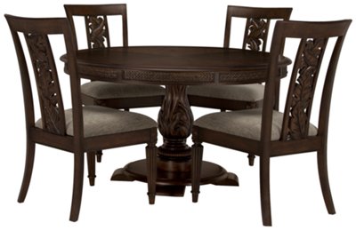 Dark Tone Round Table & 4 Carved Chairs
